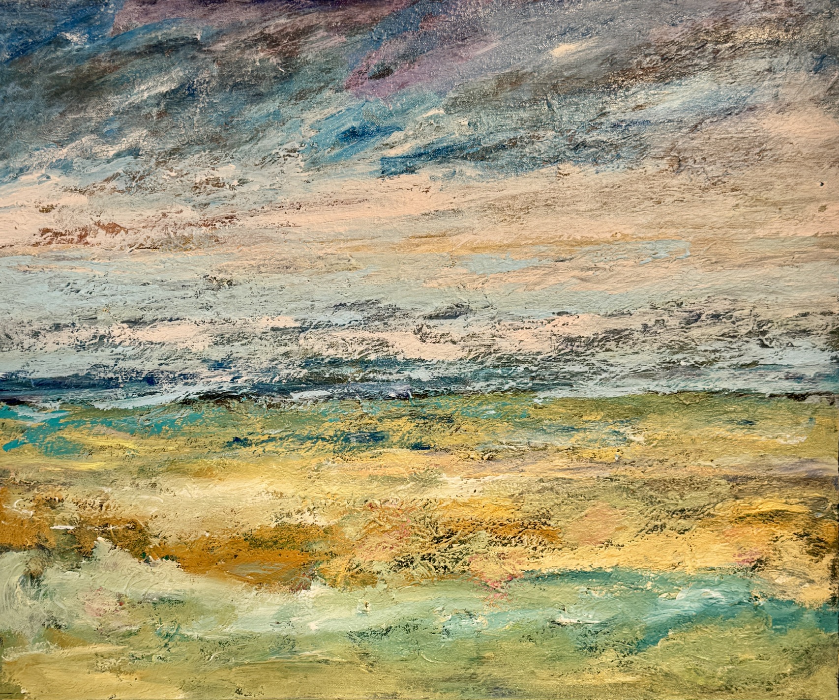Abstract acrylic painting of sea and sand
