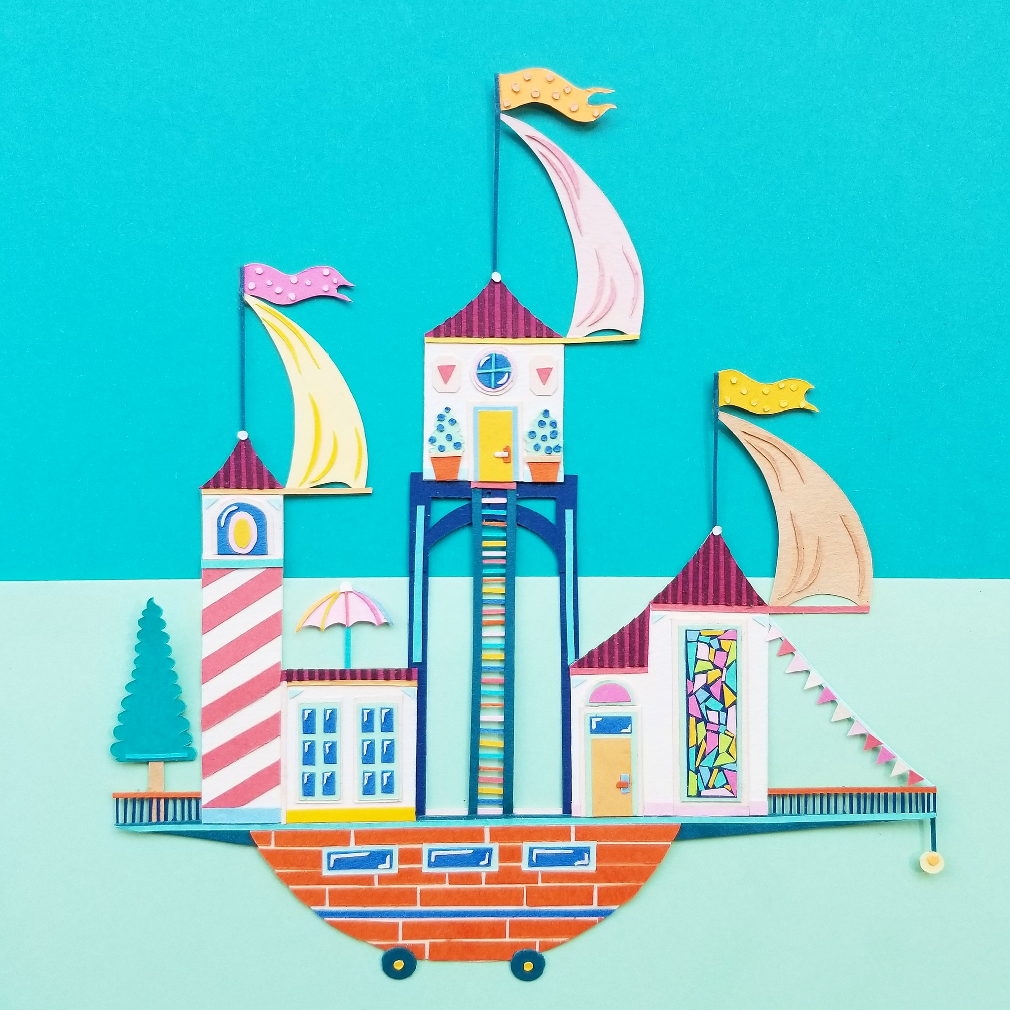 Paper assemblage of Whimsical houseboat
